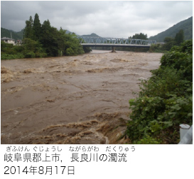 岐阜県郡上市，長良川の濁流の写真